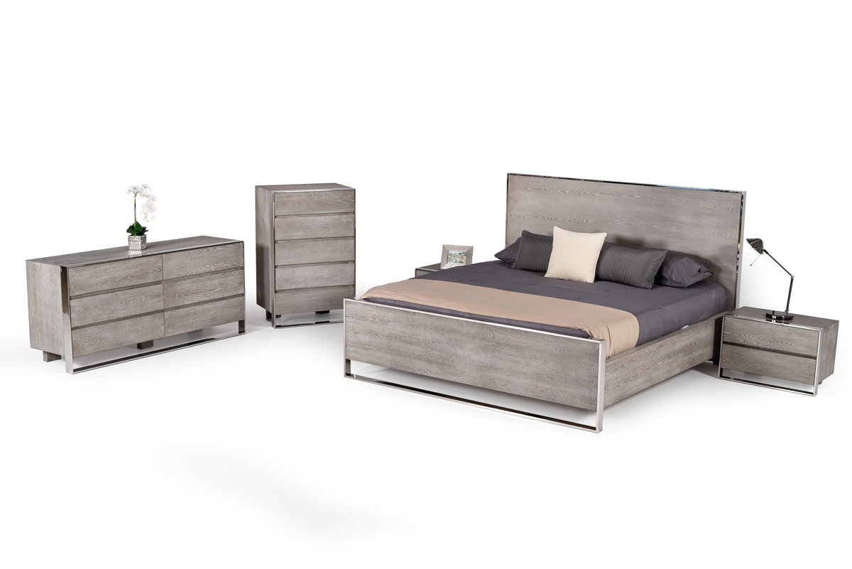 Modrest Charlene Modern Grey Elm & Stainless Steel Bedroom Set