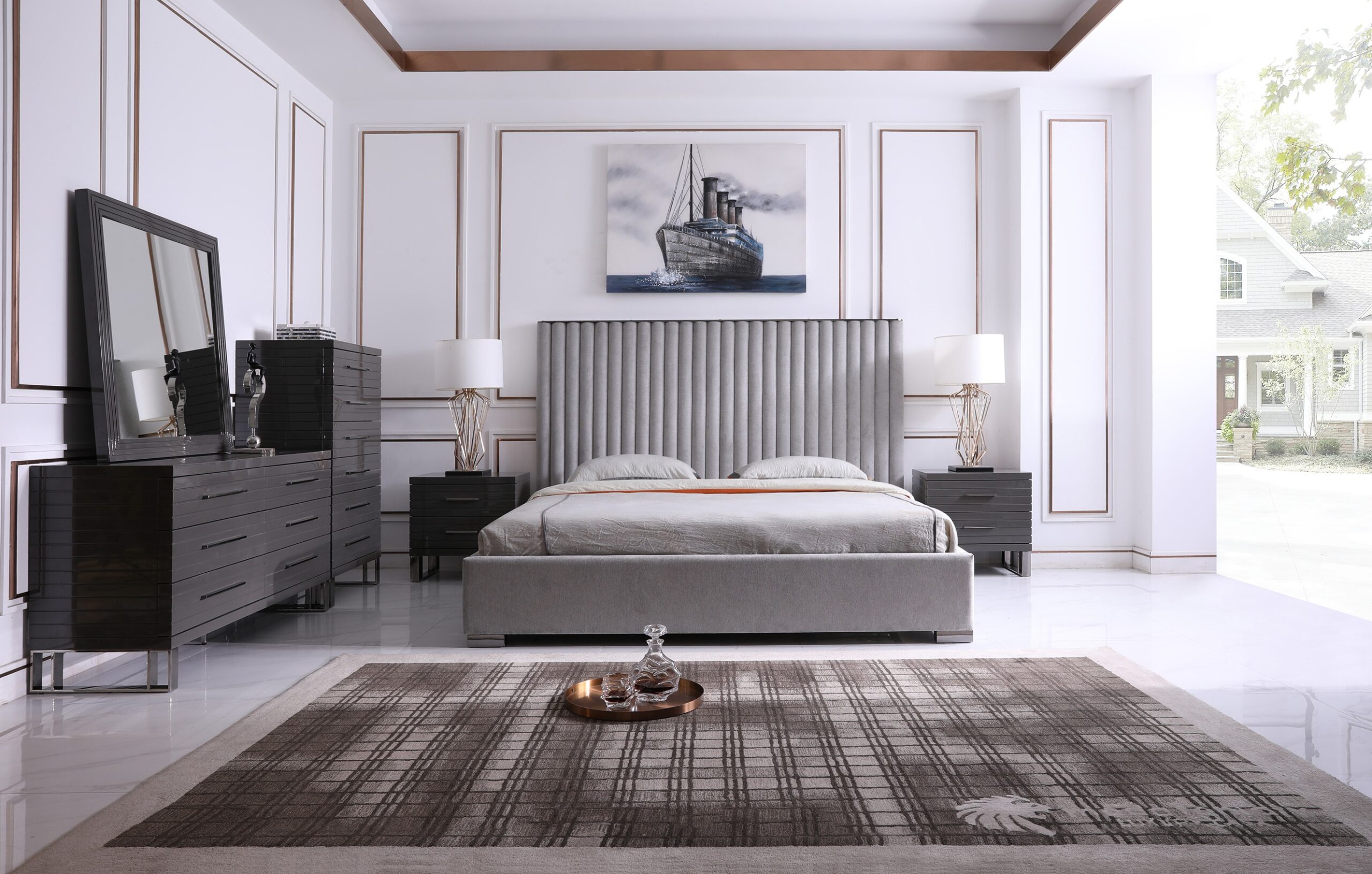 Eastern King Modrest Splendor – Silver & Grey Velvet Upholstered Platform Bed Set