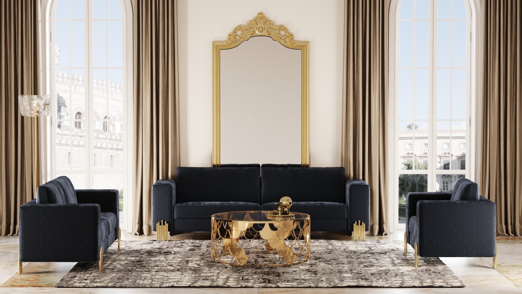 Divani Casa Lori – Modern Velvet Glam Black & Gold Sofa Set