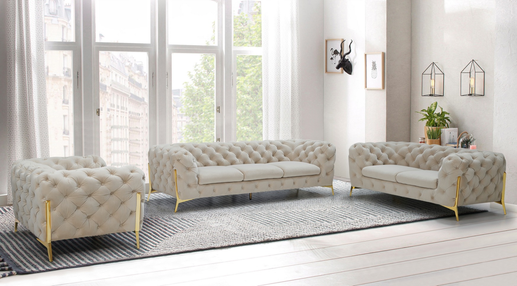 Divani Casa Quincey – Transitional Beige Velvet Sofa Set