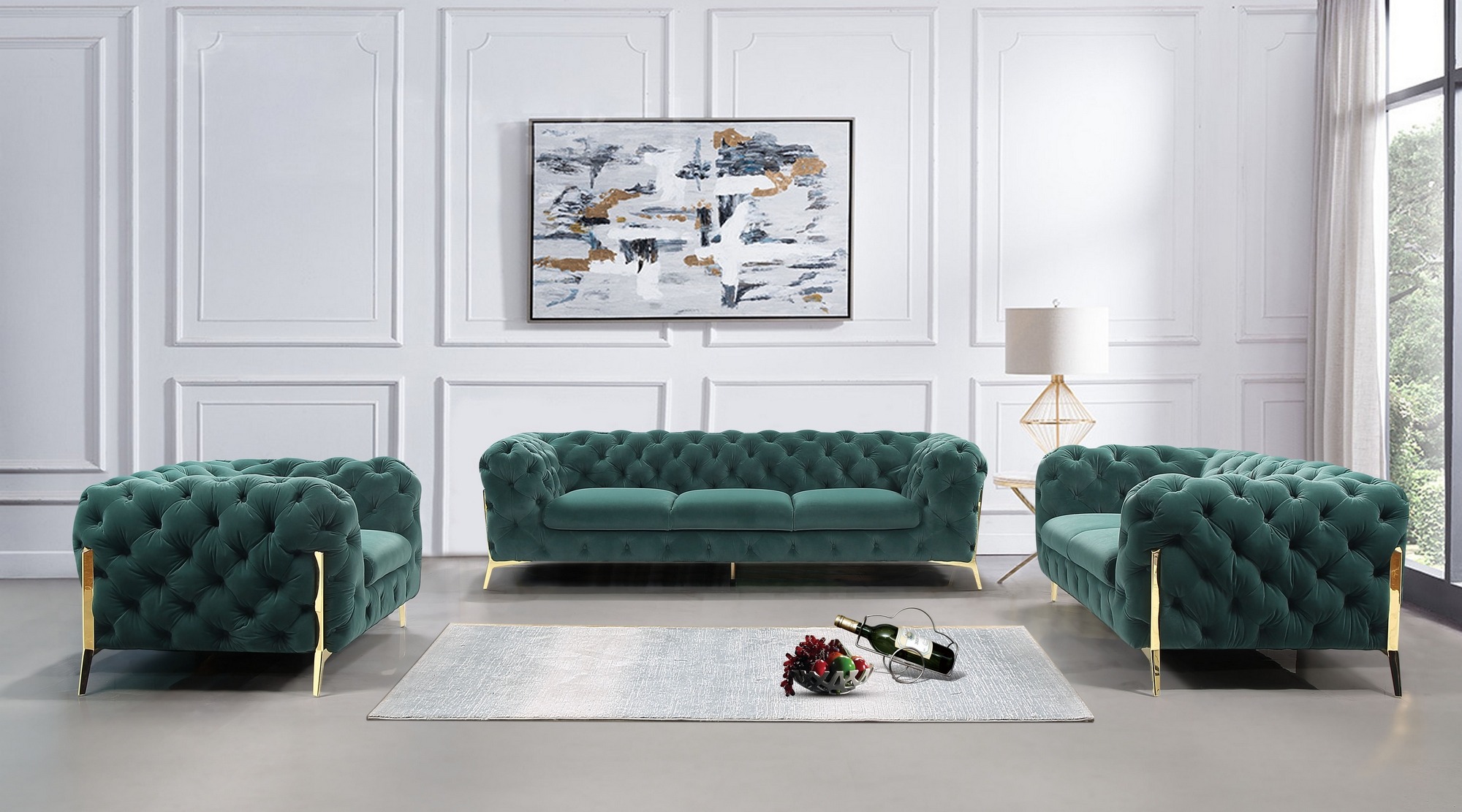 Divani Casa Quincey – Transitional Emerald Green Velvet Sofa Set