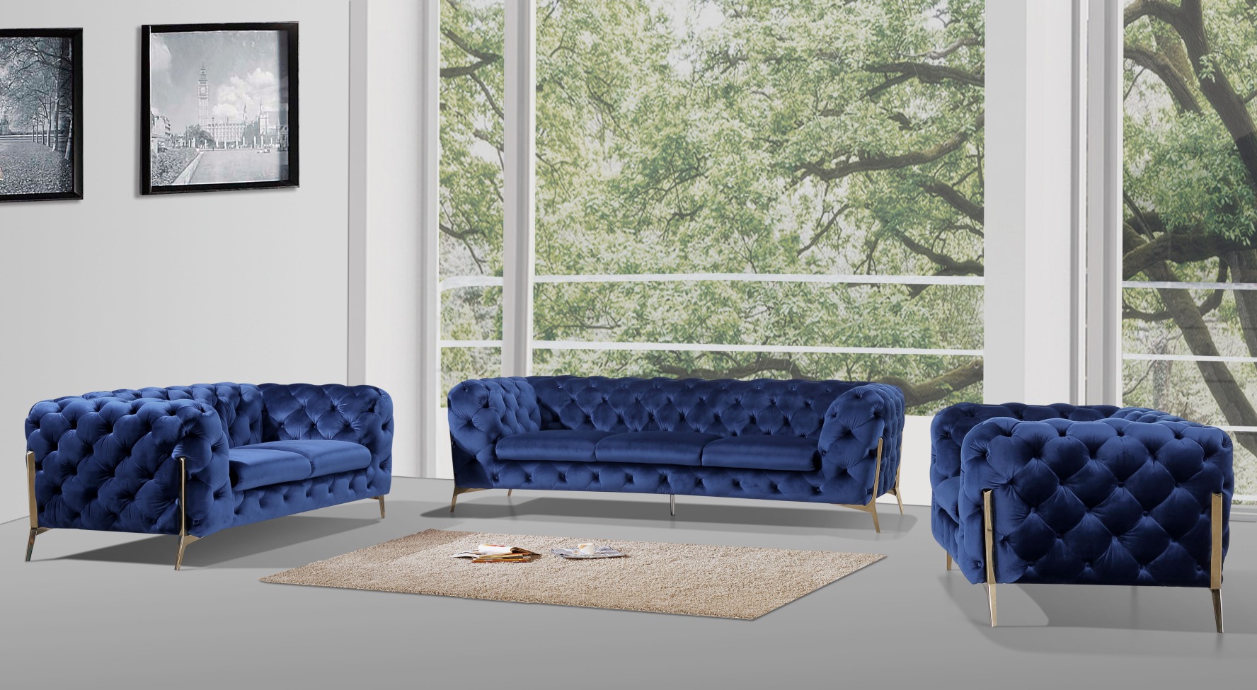 Divani Casa Quincey – Transitional Blue Velvet Sofa Set