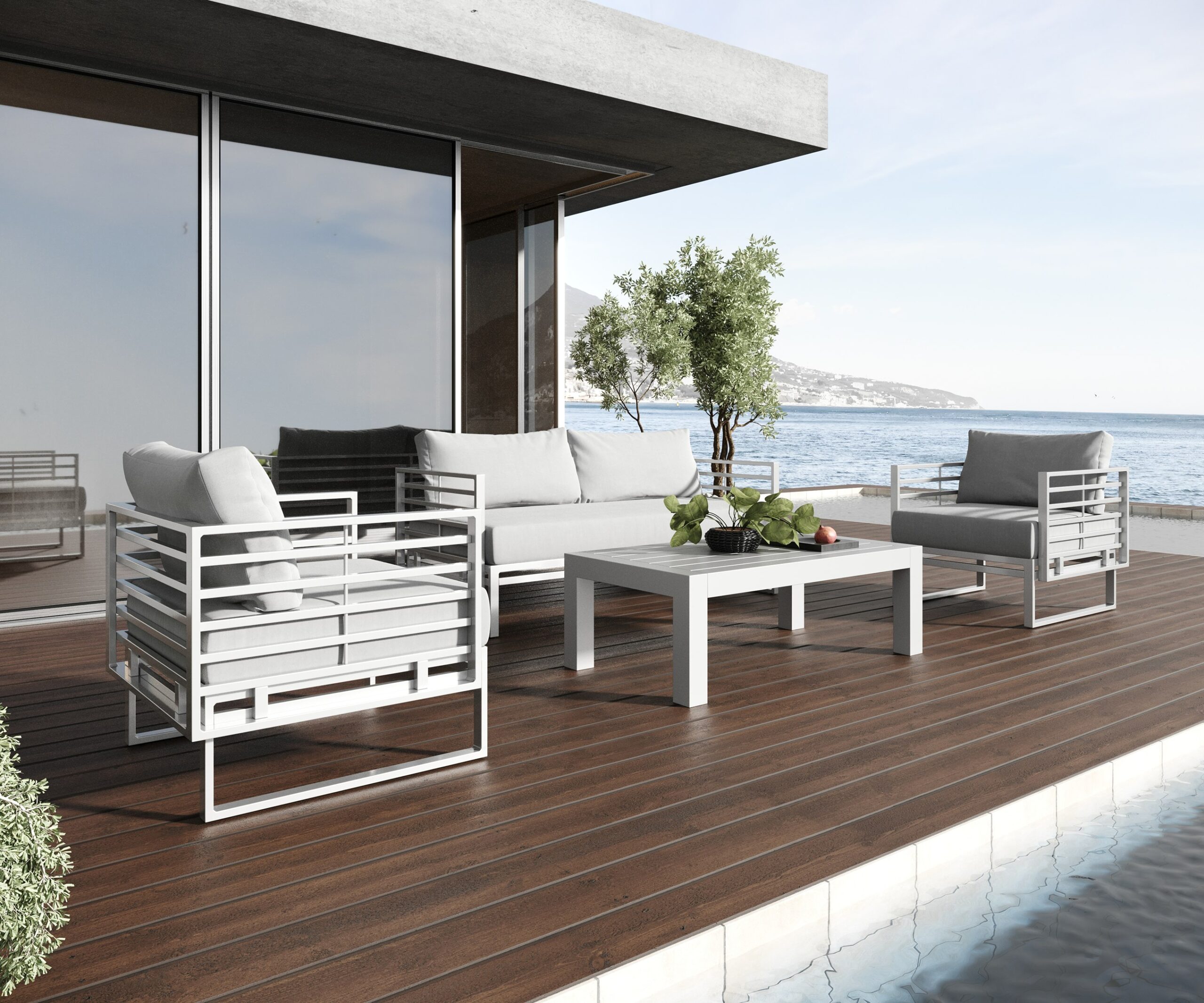 Renava Wharf – Outdoor Light Grey and White Sofa Set